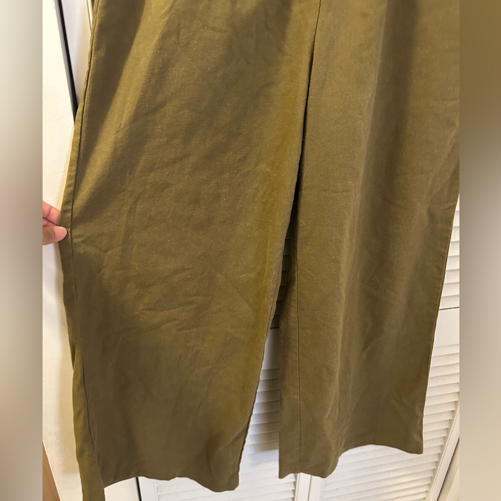 Wide Leg Olive Green Cotton/Linen Pants - Picture 2 of 4